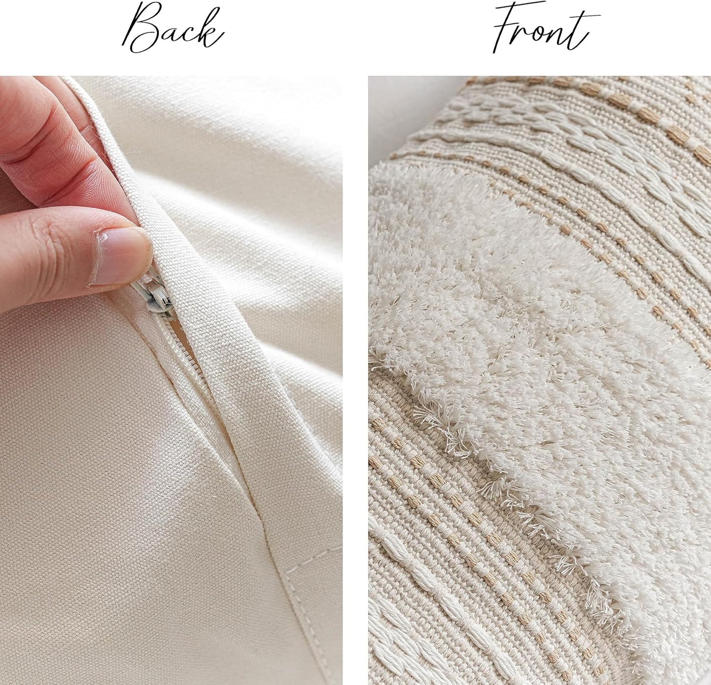 BlissBlush 14x36 Lumbar Pillow Cover for Bed, Rectangular Long Decorative Throw Pillowcase, Boho Accent Cushion with Tufted Pattern and Tassels, Cream Beige Neutral (Cover Only)