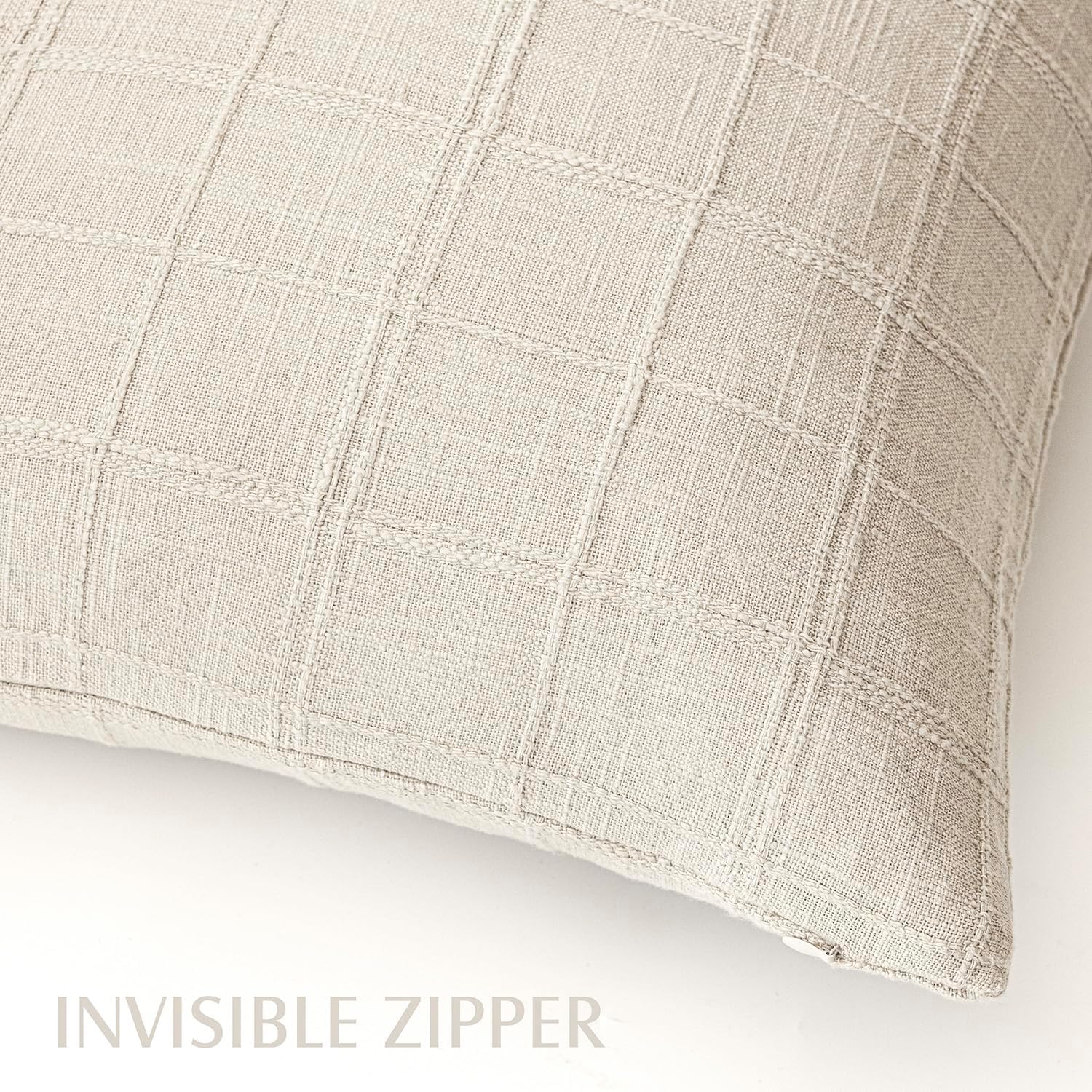 Foindtower Set of 2 Decorative Linen Check Throw Pillow Covers Neutral Farmhouse Vintage Cushion Covers Modern Boho Home Decor for Sofa Chair Couch Bedroom Living Room,18×18 Inch,Natural Beige