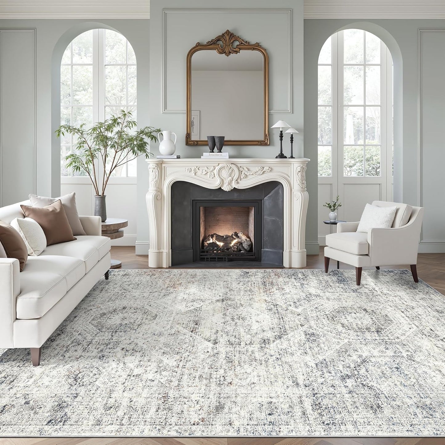 Soalmost Washable Area Rug 8x10, Large Soft Rugs for Living Room Vintage Beige Carpet 8x10 Area Rugs for Bedroom Dining Room Non-Slip Stain Resistant Under Table Rug
