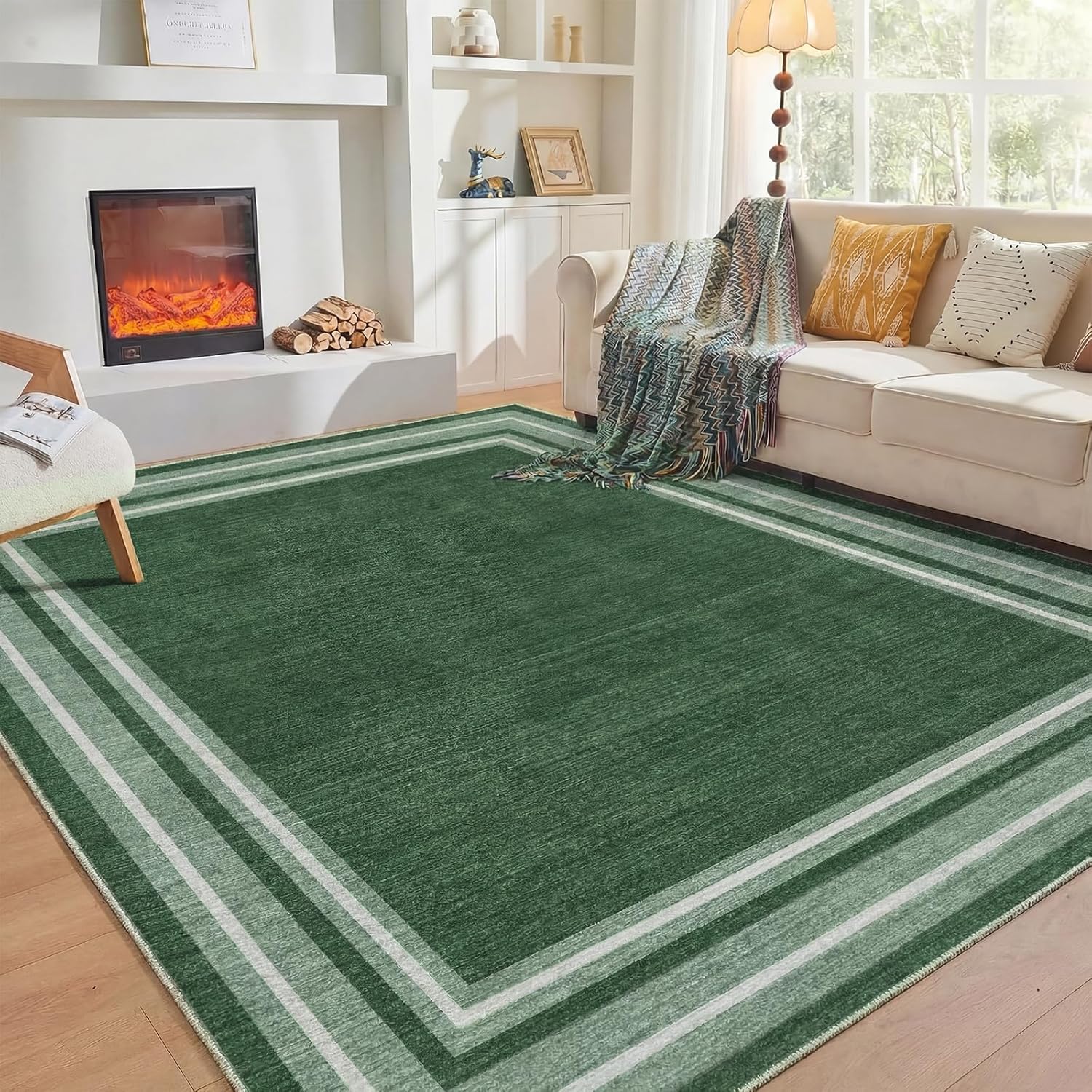 Soft Area Rugs 5x7, 5x7 Washable Rug with Non Slip Backing, 5 x 7 Faux Cashmere Low-Pile Carpet, Navy Blue & Gold