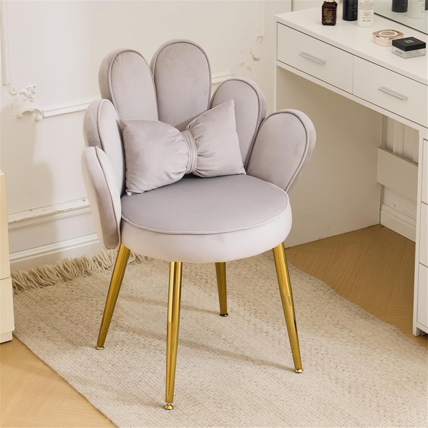 Makeup Vanity Chair with Back,Flower Cute Girls Desk Chair Comfy No Wheels,Modern Dining Chair,Small Accent Chair with Adustable Gold Legs&Bow Pillow for Home Office,Bedroom,Velvet,Pink