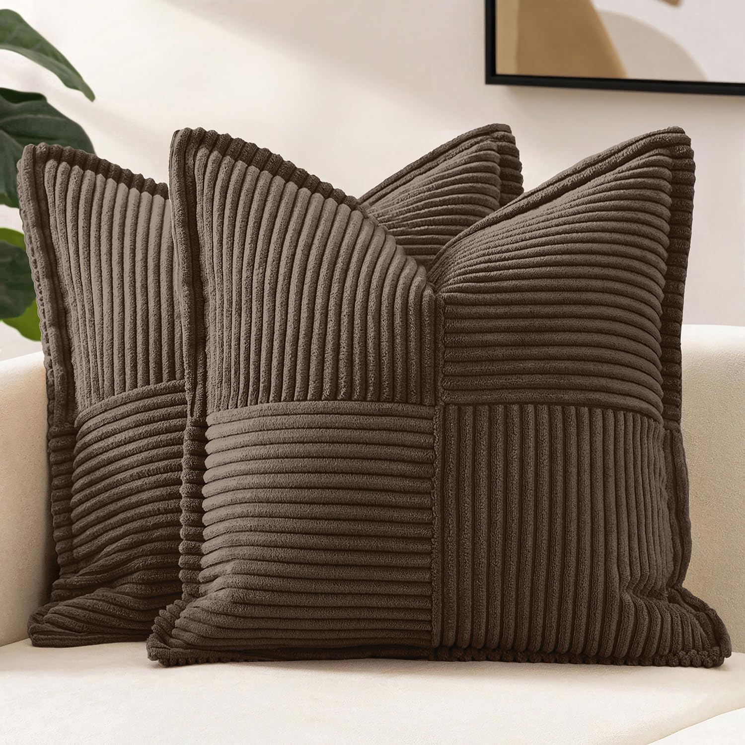 MIULEE Decorative Throw Pillow Covers for Couch Bed Livingroom 18x18 Inch Set of 2 Beige Boho Accent Throw Pllows Broadside Striped Patchwork Soft Corduroy Pillowcases