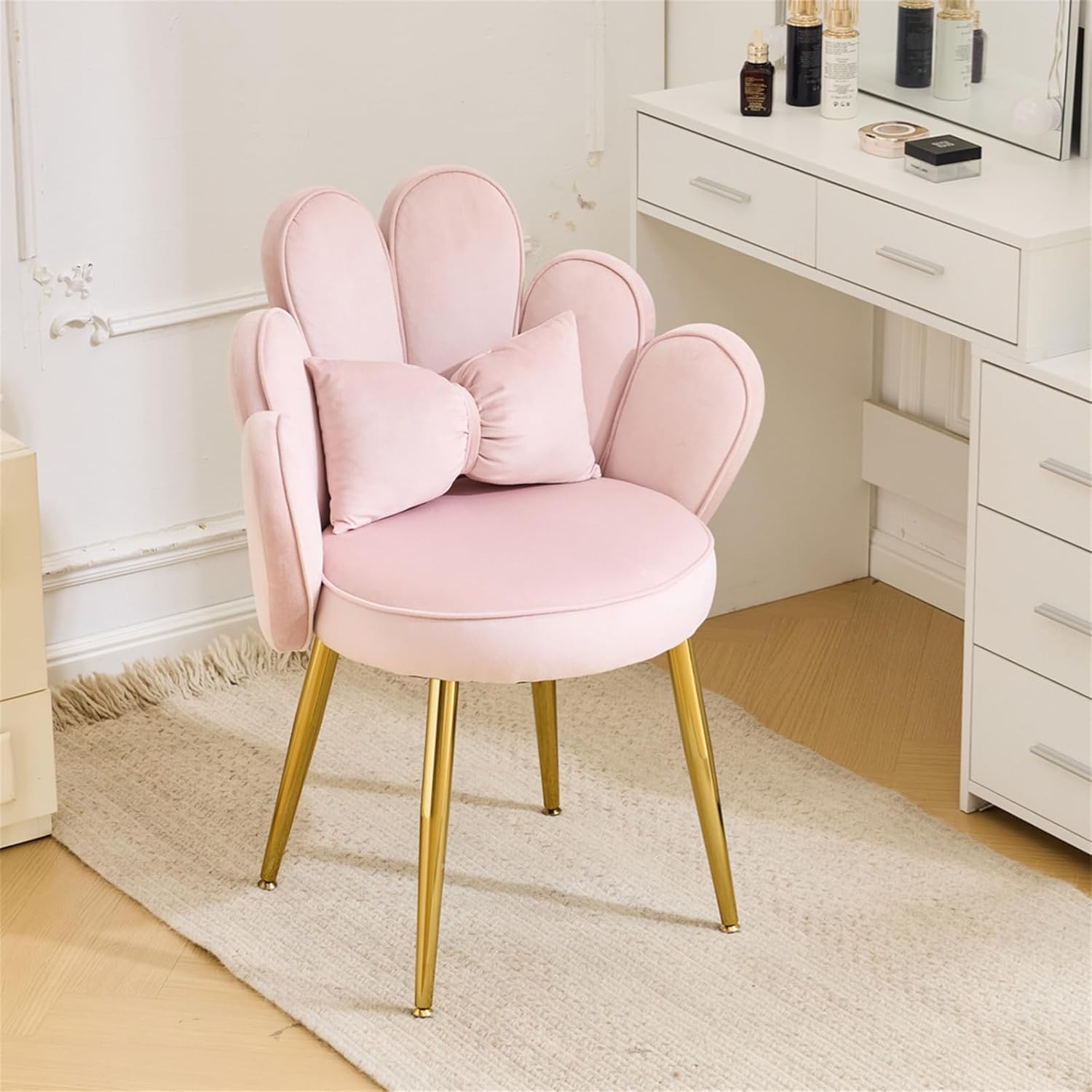 Makeup Vanity Chair with Back,Flower Cute Girls Desk Chair Comfy No Wheels,Modern Dining Chair,Small Accent Chair with Adustable Gold Legs&Bow Pillow for Home Office,Bedroom,Velvet,Pink