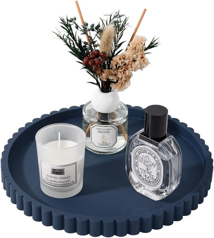 Round Bathroom Tray Silicone Kitchen Counter Decor Vanity Organizer Decorative Coffee Table Tray for Perfume, Candle, Soap Dish, 9 Inch, Black