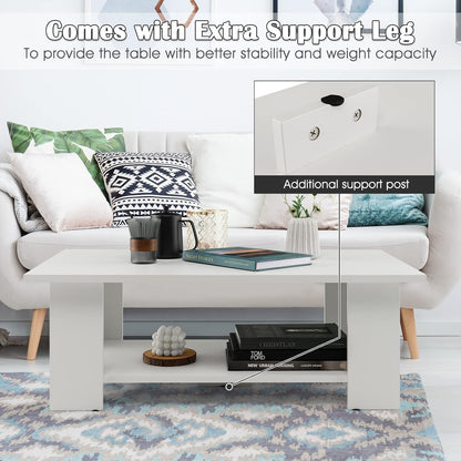 Giantex Rectangle Wood Center Table, 41" L 2-Tier Small Modern Tea Table w/Open Compartment, Easy Assembly, Accent Coffee Table for Living Room, Reception Room, White