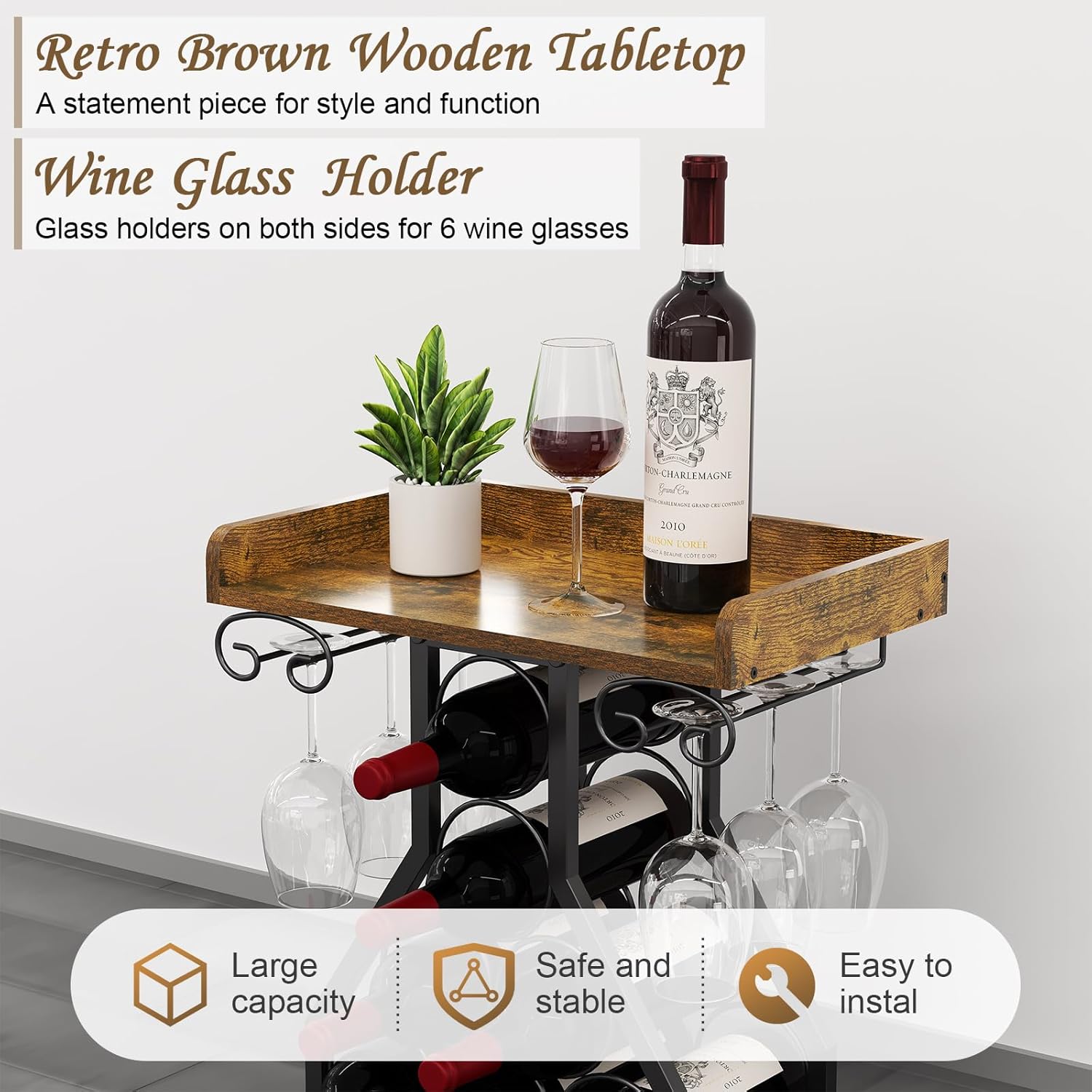 X-cosrack Wine Rack Freestanding Floor, Wine Storage Rack Mini Bar Table with Tabletop, Glass Holder Wine Bottle Display Stand Liquor Cabinet for Home Bar Kitchen Living Room