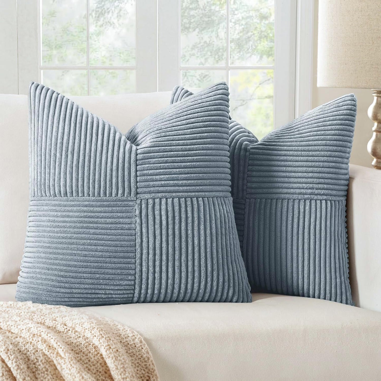 Black Decorative Throw Pillow Covers 18x18 Inch for Couch Bed Sofa Pack of 2 Boho Farmhouse Throw Pillows Soft Cross Corduroy Patchwork Textured Cushion Cases