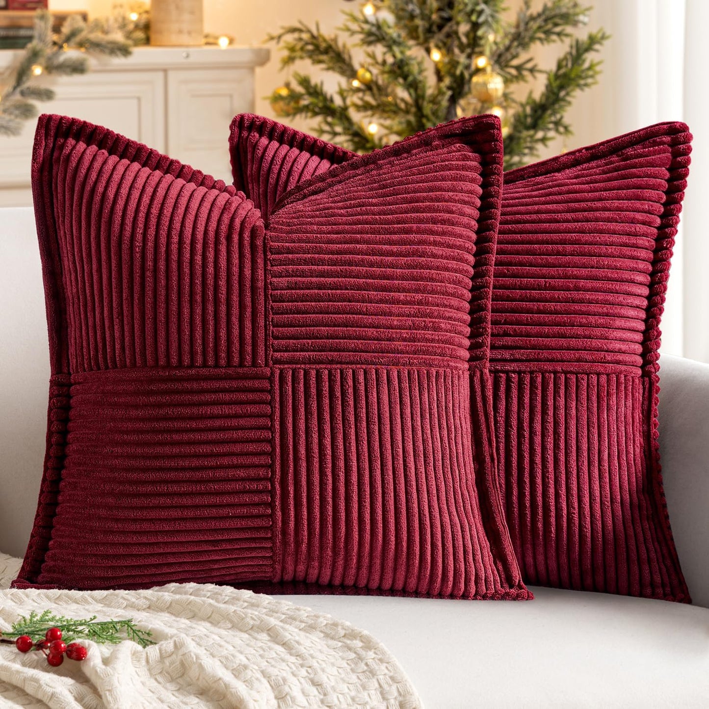 MIULEE Decorative Throw Pillow Covers for Couch Bed Livingroom 18x18 Inch Set of 2 Beige Boho Accent Throw Pllows Broadside Striped Patchwork Soft Corduroy Pillowcases
