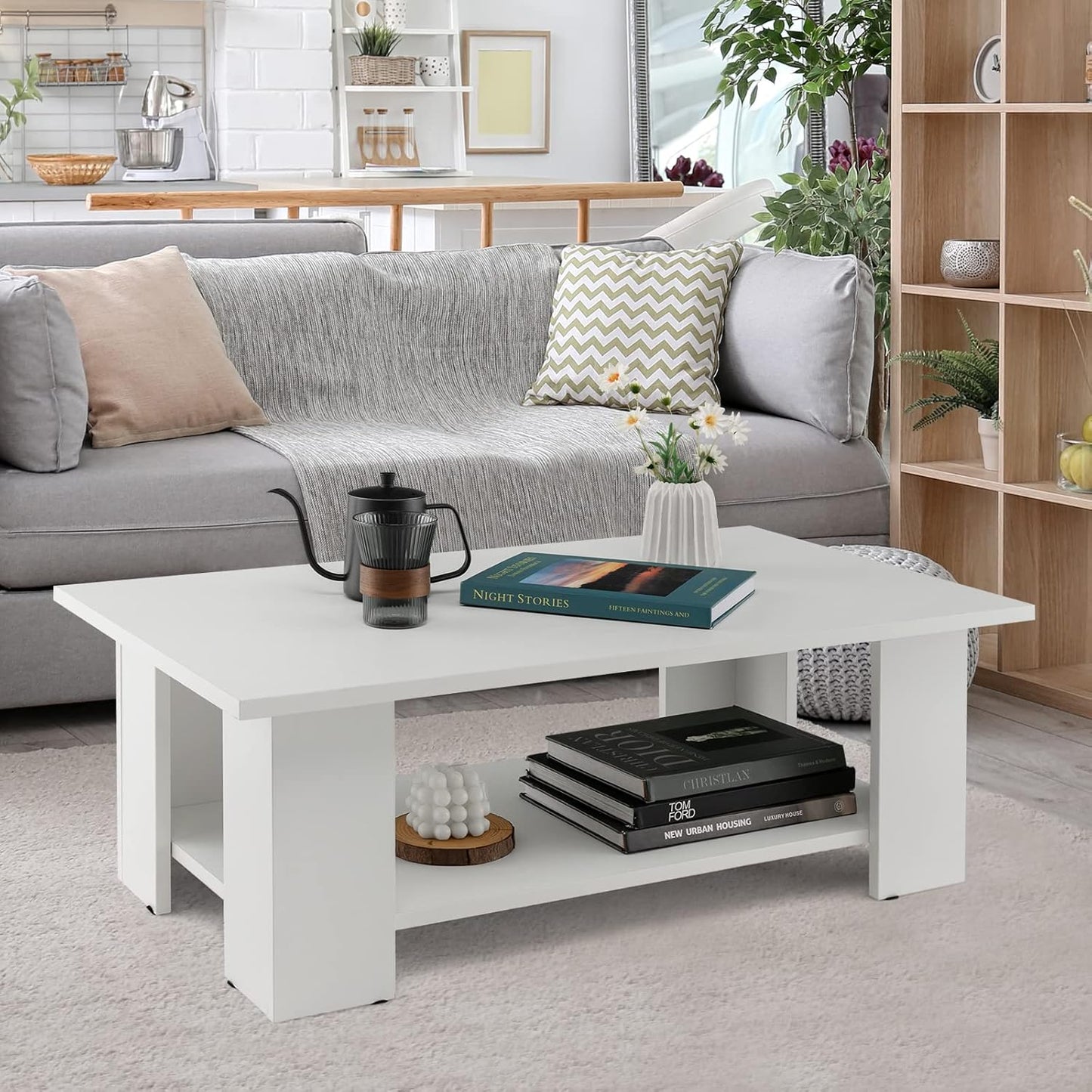 Giantex Rectangle Wood Center Table, 41" L 2-Tier Small Modern Tea Table w/Open Compartment, Easy Assembly, Accent Coffee Table for Living Room, Reception Room, White