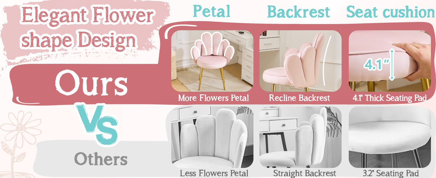 Makeup Vanity Chair with Back,Flower Cute Girls Desk Chair Comfy No Wheels,Modern Dining Chair,Small Accent Chair with Adustable Gold Legs&Bow Pillow for Home Office,Bedroom,Velvet,Pink