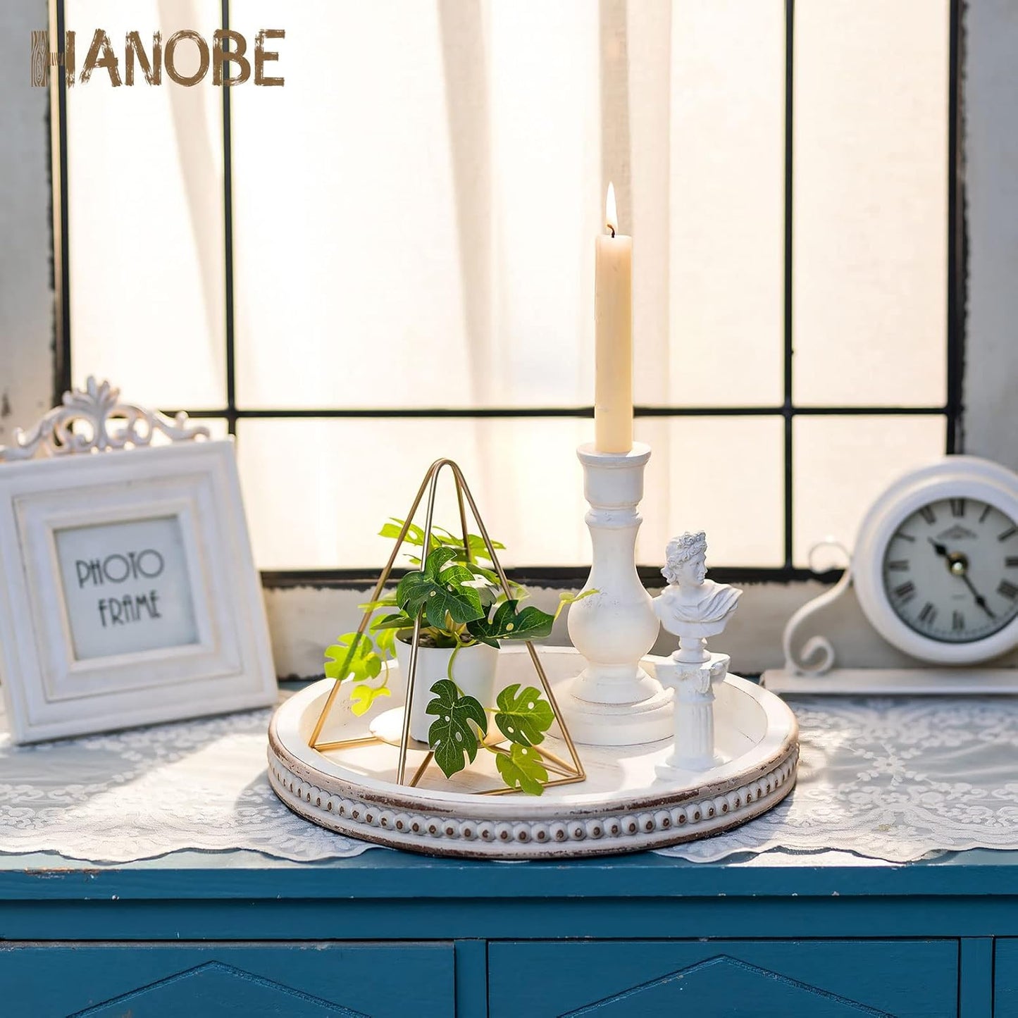 Round Wooden Decorative Tray: White Washed Bead Tray Decor for Coffee Table Centerpiece Rustic Farmhouse Tray for Kitchen Counter Living Room Decoration