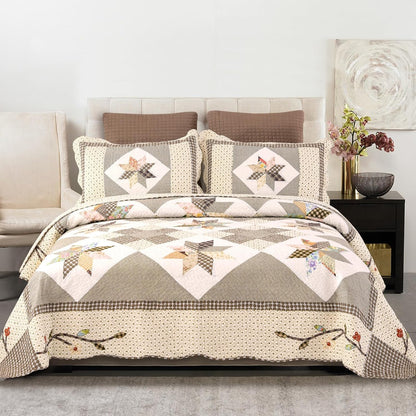 Quilts Queen Size Patchwork Bedspread Set - 100% Cotton Reversible Breathable Green Earth Geometric Quilted Quilt with Pillow Shams for All Seasons