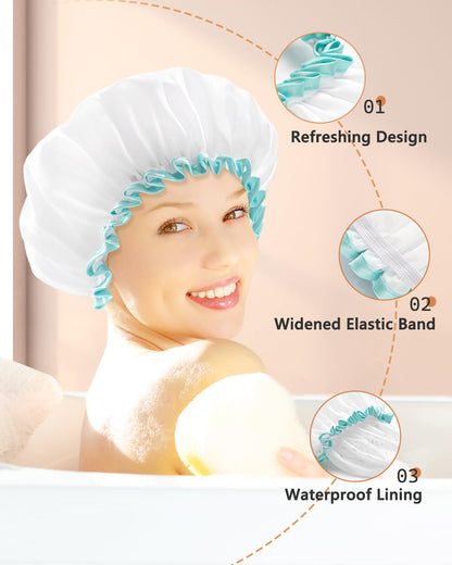 White Shower Cap for Long Hair 1 Pack, 12 inch large size,Waterproof Washable Hair Caps for Women and Girls, Super Cute and Extra Large