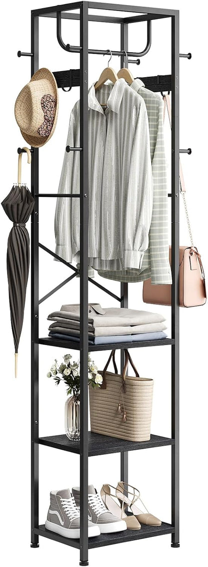 Coat Rack Freestanding, Hall Tree with 3 Storage Shelves and 12 Hooks, Industrial Clothes Rack Stand Organizer for Bedroom, Hallway, Entryway, Office, Living Room, Rustic Brown