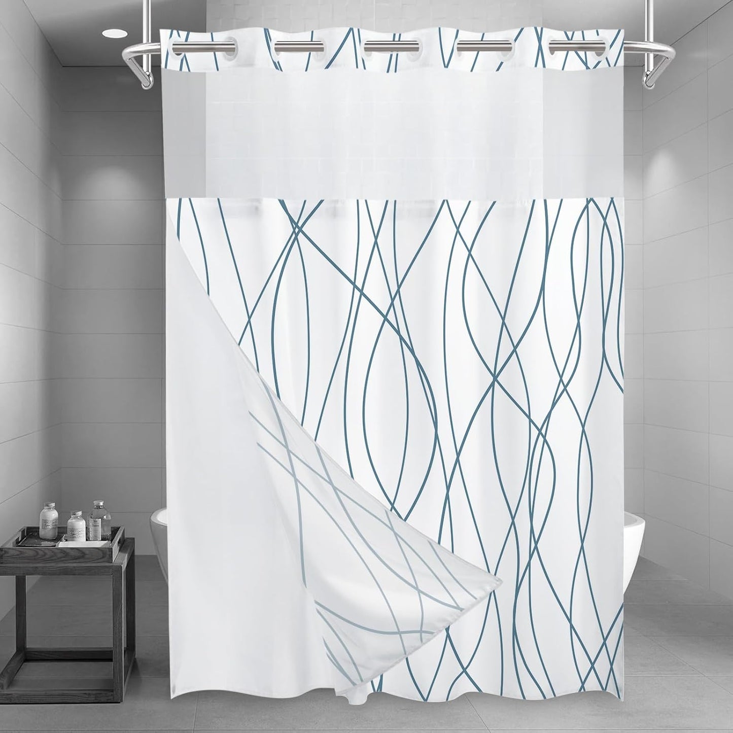 No Hook Grey White Striped Shower Curtain with Snap in Fabric Liner Set - Hotel Liner Set with See Through Mesh Top Window,Machine Washable, 71x74 INCH