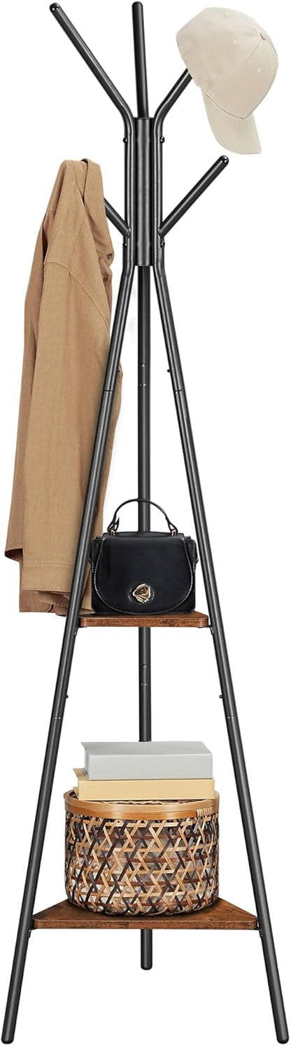 Coat Rack Freestanding, Coat Hanger Stand, Hall Tree with 2 Shelves, for Clothes, Hat, Bag, Industrial Style, Rustic Brown and Black URCR16BX