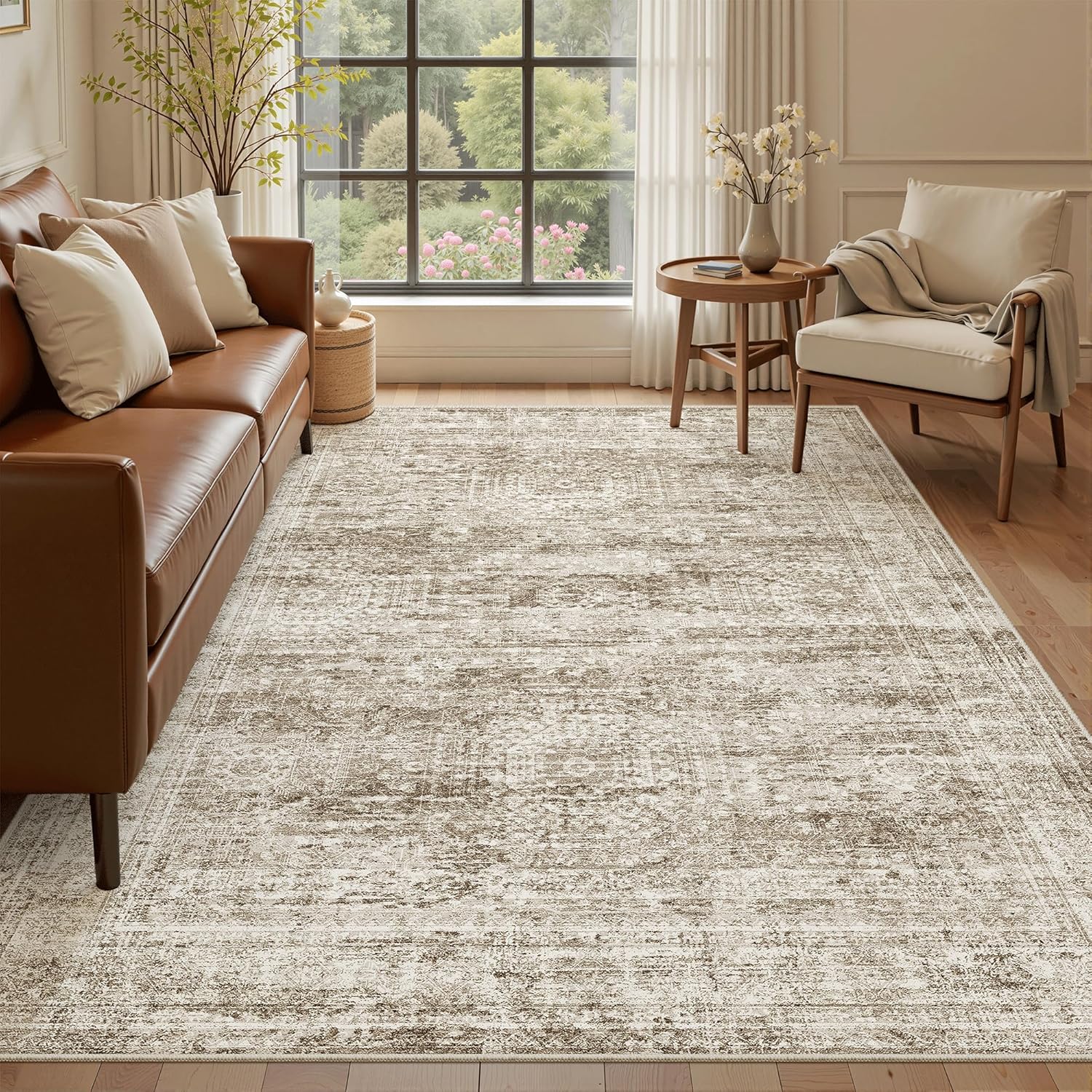 Soalmost Washable Area Rug 8x10, Large Soft Rugs for Living Room Vintage Beige Carpet 8x10 Area Rugs for Bedroom Dining Room Non-Slip Stain Resistant Under Table Rug
