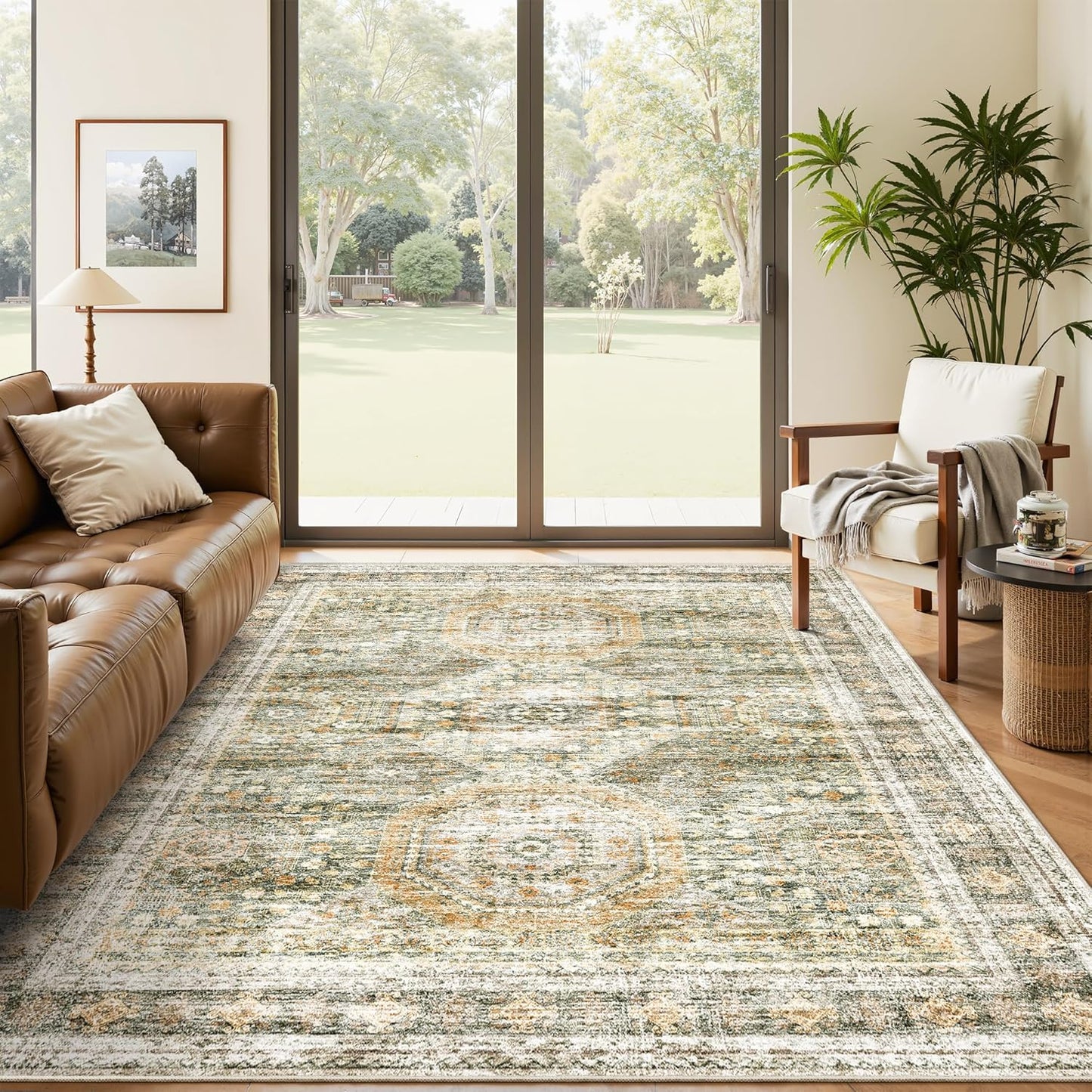 Soalmost Washable Area Rug 8x10, Large Soft Rugs for Living Room Vintage Beige Carpet 8x10 Area Rugs for Bedroom Dining Room Non-Slip Stain Resistant Under Table Rug