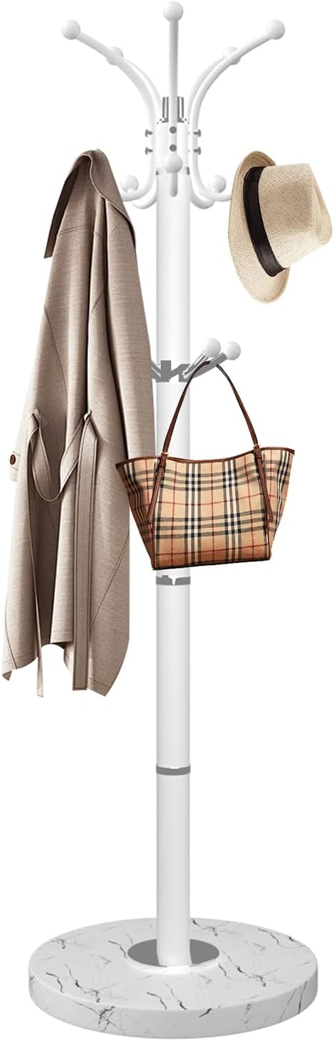 Metal Coat Rack with Natural Marble Base,360°Rotary Coat Rack Stand with 14 Hooks,Modern Freestanging Coat Racks,White Coat Jacket Hanger Clothes Tree Stand for Entryway,Corner