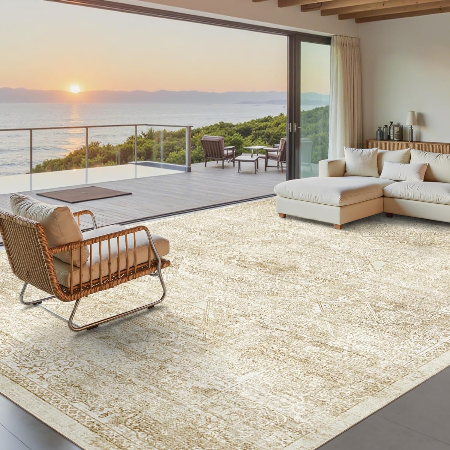 Soalmost Washable Area Rug 8x10, Large Soft Rugs for Living Room Vintage Beige Carpet 8x10 Area Rugs for Bedroom Dining Room Non-Slip Stain Resistant Under Table Rug