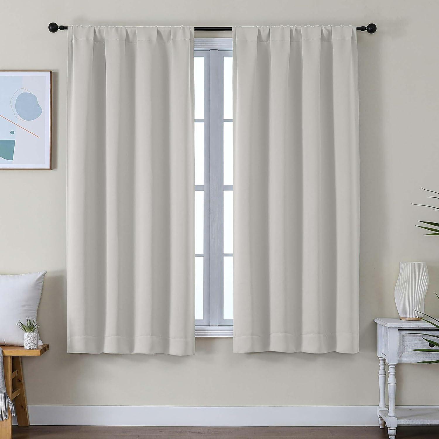 Natural Blackout Curtains for Bedroom 63 Inch Length 2 Panels Set, Solid Thermal Insulated Energy Saving Rod Pocket Window Treatment Curtains Blackout Drapes, W40 x L63 Inch, Natural