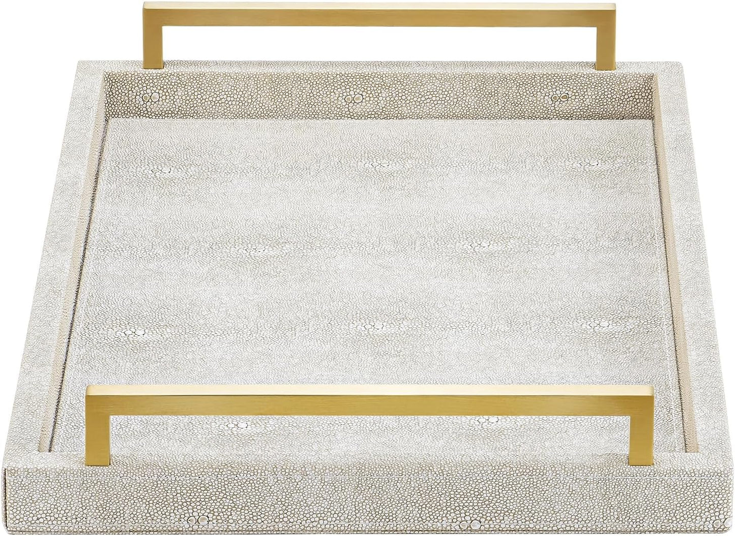 Ivory Shagreen Decorative Tray Large Rectangle Coffee Table Tray for Ottoman Faux Leather Serving Tray with Brushed Gold Handles