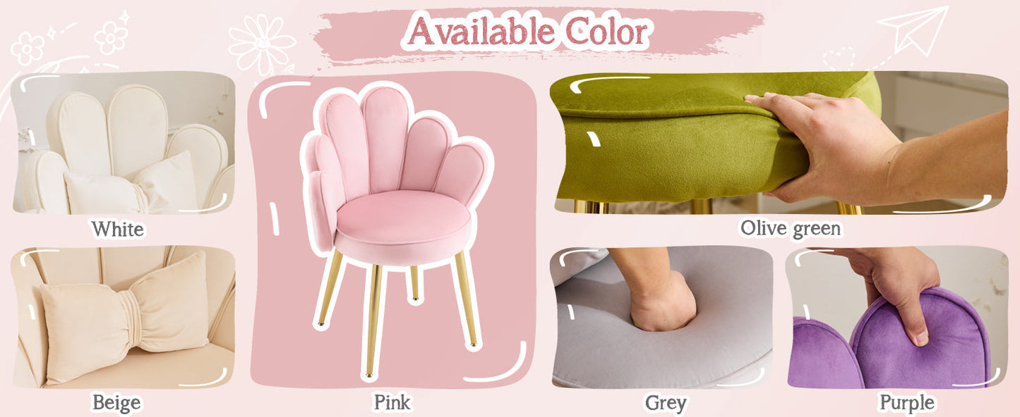Makeup Vanity Chair with Back,Flower Cute Girls Desk Chair Comfy No Wheels,Modern Dining Chair,Small Accent Chair with Adustable Gold Legs&Bow Pillow for Home Office,Bedroom,Velvet,Pink