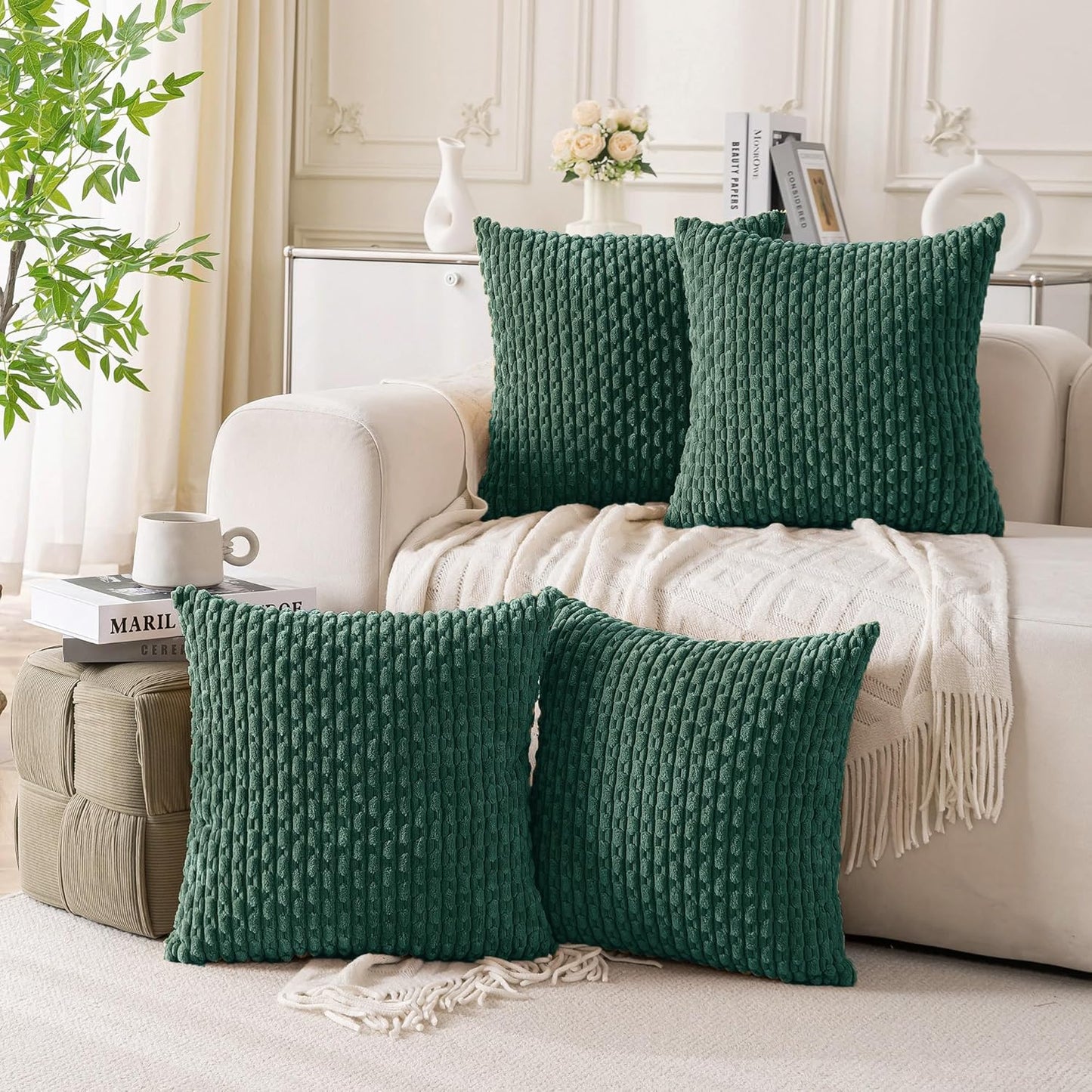 Set of 4 Neutral Decorative Throw Pillow Covers 18x18 Inch Corduroy Pillow Covers for Bed Couch Sofa Living Room Soft Square Cushion Cases