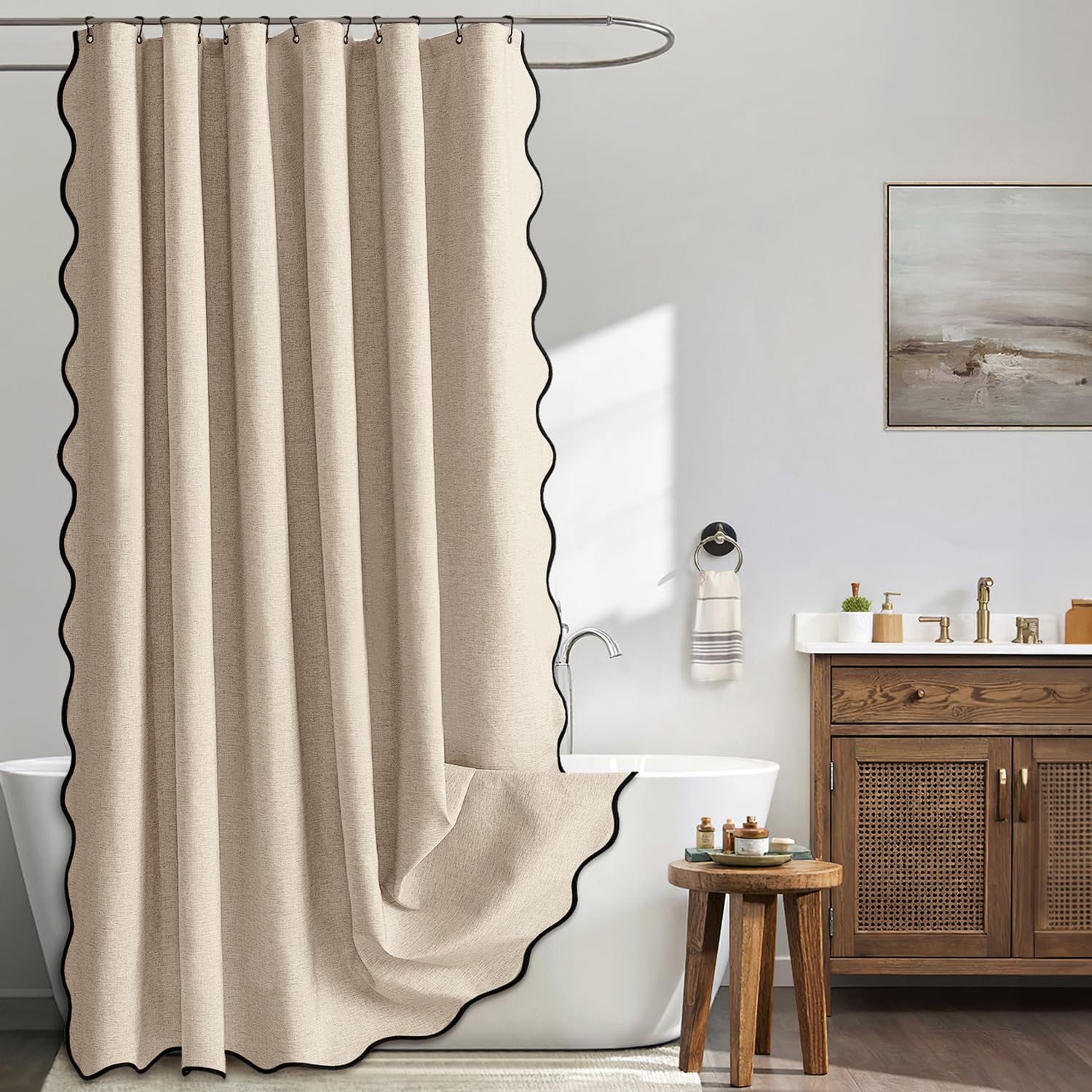 Beige Scalloped Shower Curtain Linen Textured with 12 Metal Hooks Cute Heavy Duty Washable Waterproof Neutral Thick Cloth Shower Curtains with Black Border for Bathroom Bathtub,W72*L72 Cream