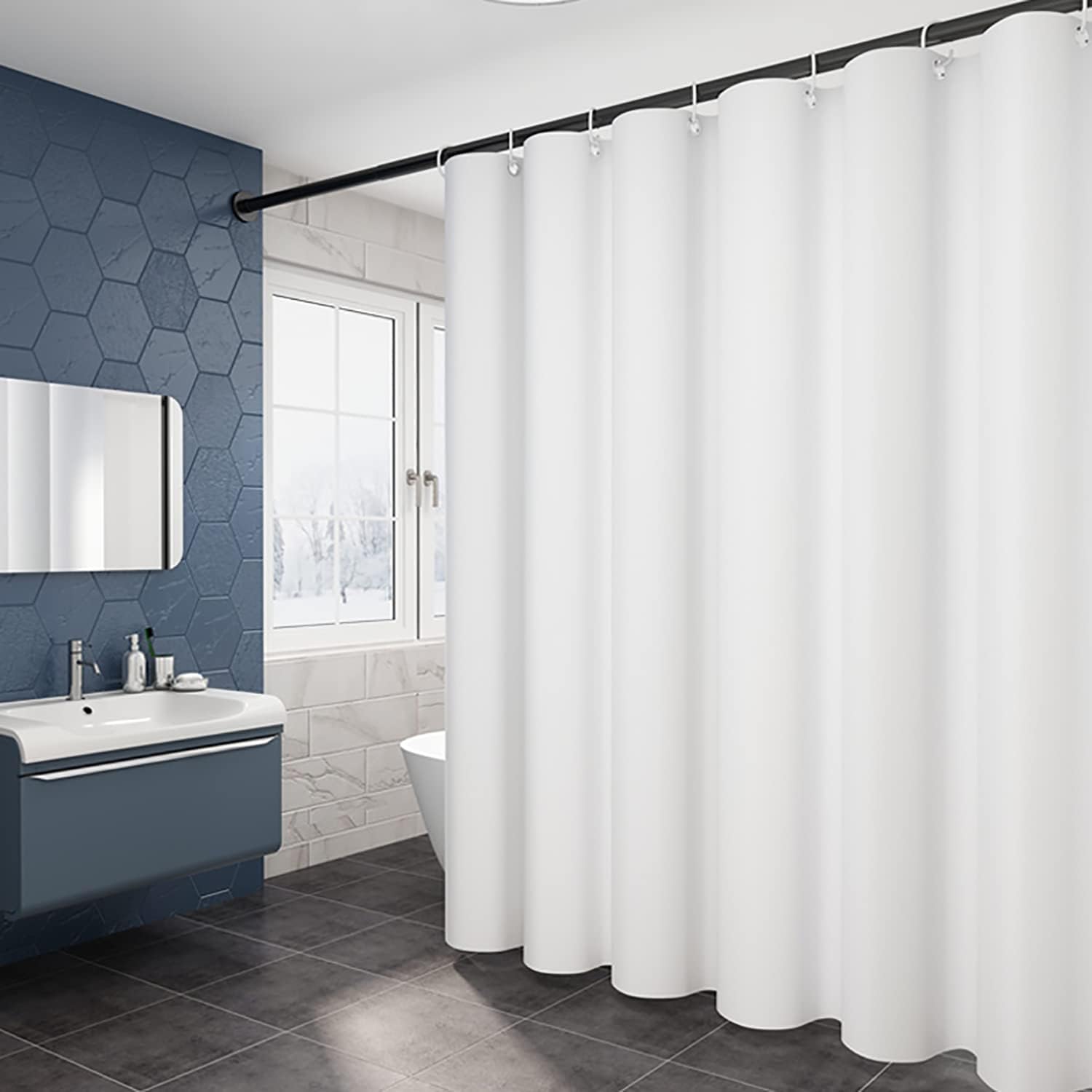 Fabric Shower Curtain Liner, Waterproof Hotel Quality, Bathroom Curtains Rust Resistant Grommets, 72 x 72 Machine Washable (Black)