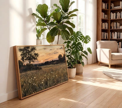 Framed Rustic Farmhouse Wildflowers Wall Art Vintage Wildflower Field Landscape Painting Retro Country Sunset Prints Wall Decor Classical Flower Landscape Painting for Living Room Bedroom 12x16 Inch