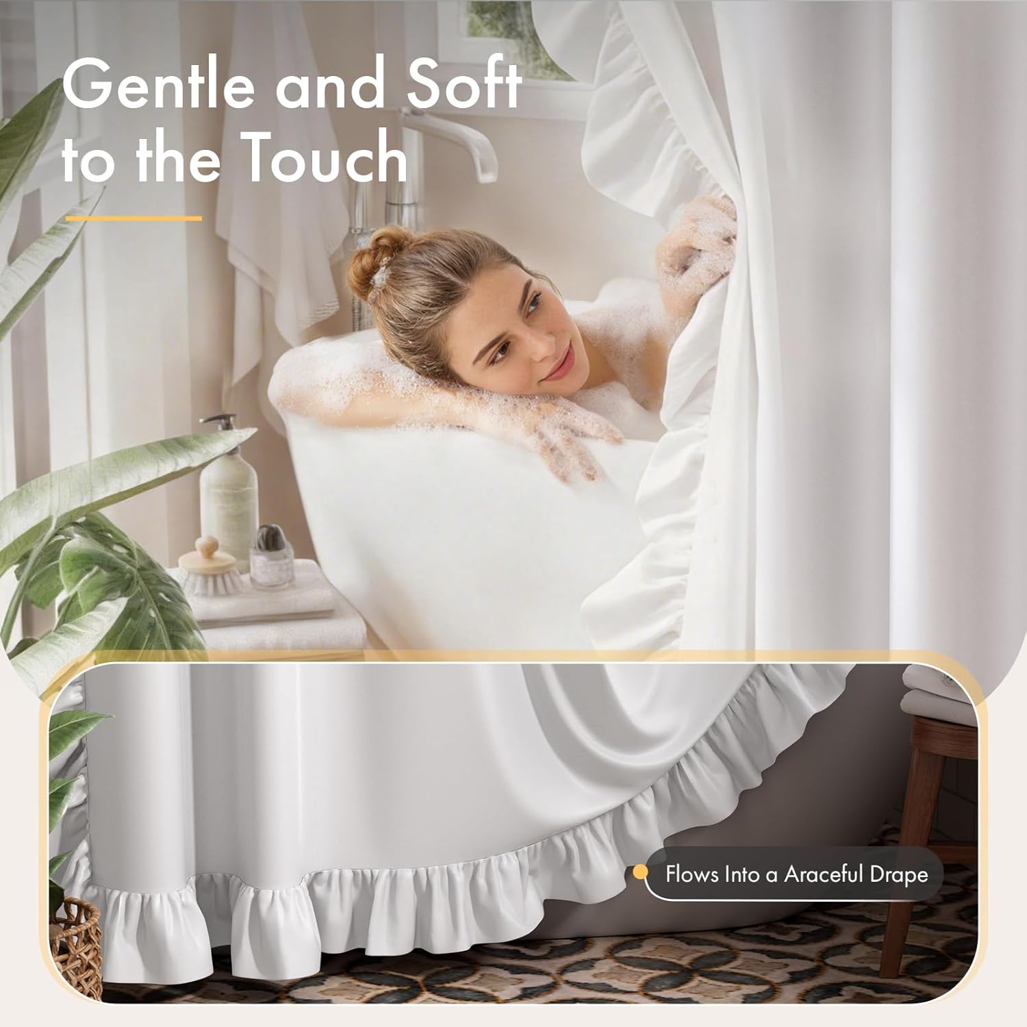 Ruffle Shower Curtain with Three-Side Ruffle, Solid White Farmhouse Curtains, Soft Flowy Layered Fabric, Elegant Spa Style, Clean Minimal Look, Water Repellent,12 Metal Hooks, 72" W x 72" L