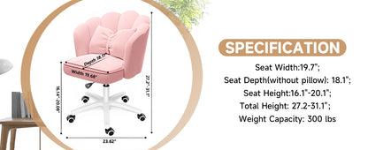 Chair with Bow Cushion Velvet Vanity Chair with Wheels, Upholstered Home Office Chair for Girls Women, Mid-Back Swivel Computer Task Chairs for Living Room Bedroom