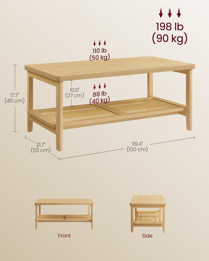 VASAGLE 2-Tier Coffee Table for Living Room, Rectangular Living Room Table, with PVC Rattan Storage Shelf, Rounded Corners, Easy Assembly, Boho Style, 21.7 x 39.4 x 17.7 Inches, Oak Beige ULCT240Y57
