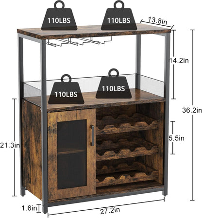3-Tier Wine Bar Cabinet with Detachable Wine Rack and Storage Space, Buffet Cabinet with Glass Holder and Mesh Door, for Kitchen, Living Room and Bar .Rustic Brown.