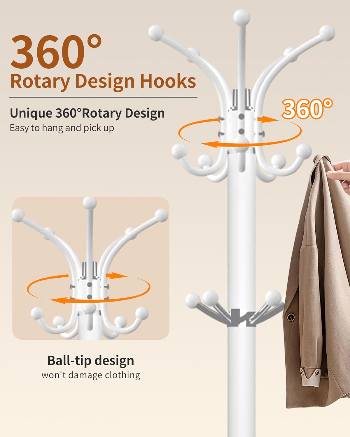 Metal Coat Rack with Natural Marble Base,360°Rotary Coat Rack Stand with 14 Hooks,Modern Freestanging Coat Racks,White Coat Jacket Hanger Clothes Tree Stand for Entryway,Corner
