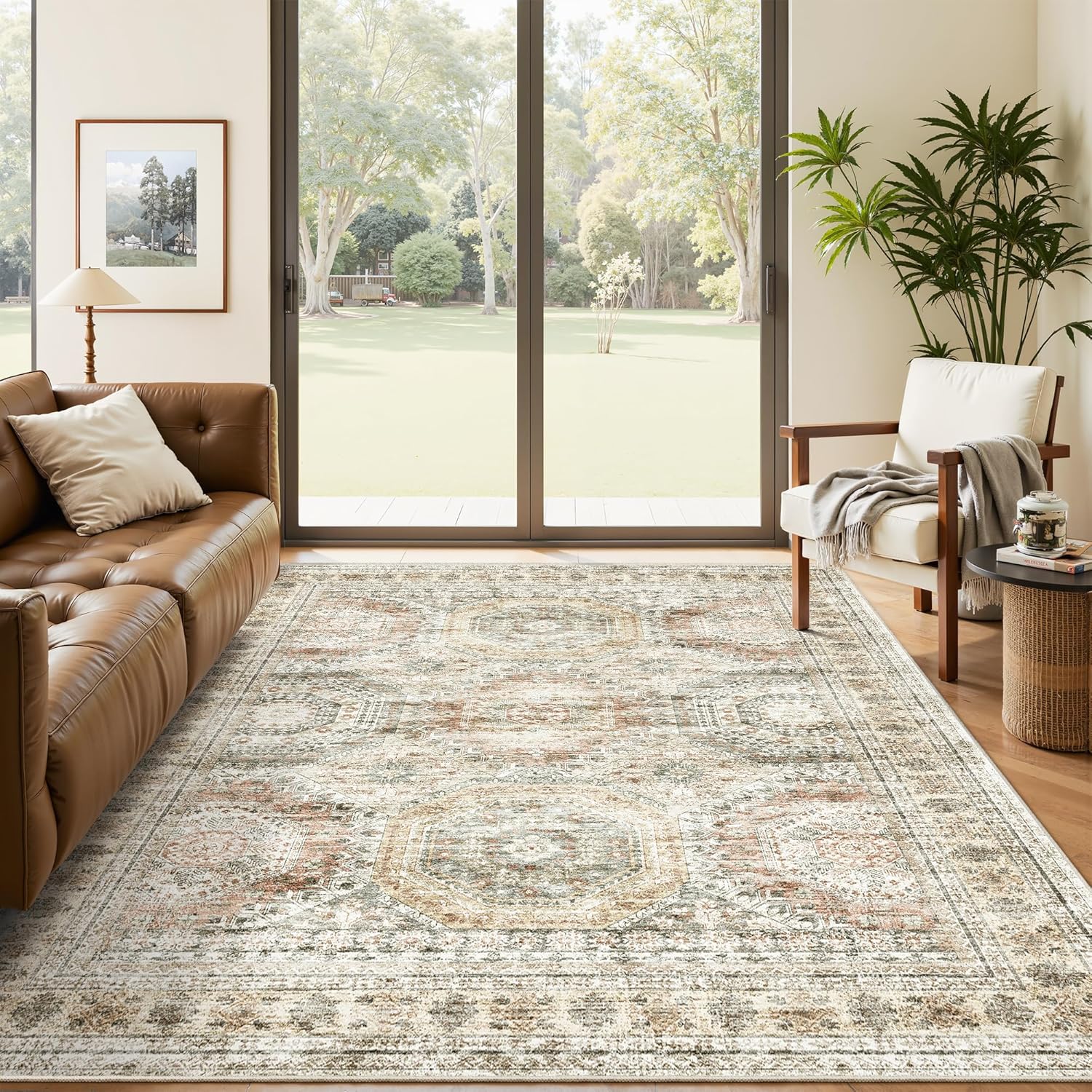 Soalmost Washable Area Rug 8x10, Large Soft Rugs for Living Room Vintage Beige Carpet 8x10 Area Rugs for Bedroom Dining Room Non-Slip Stain Resistant Under Table Rug