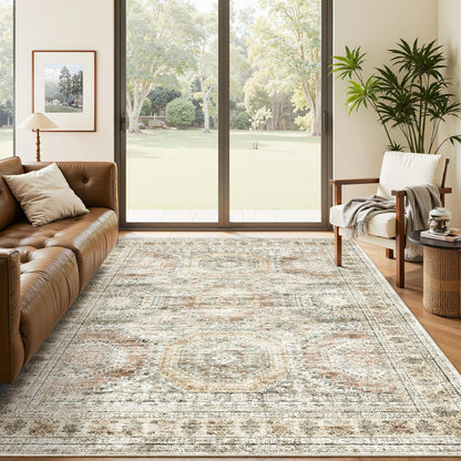 Soalmost Washable Area Rug 8x10, Large Soft Rugs for Living Room Vintage Beige Carpet 8x10 Area Rugs for Bedroom Dining Room Non-Slip Stain Resistant Under Table Rug